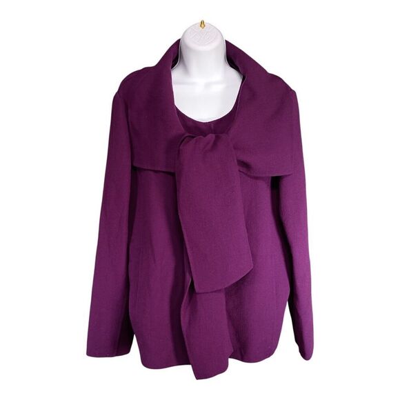 Oscar de la Renta Wool Jacket Cardigan Tie Neck Ruffle Purple Womens 14 - Picture 3 of 6